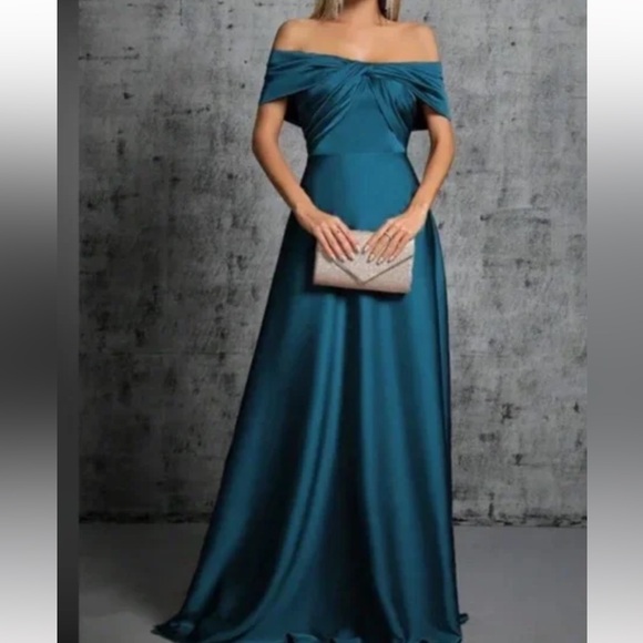 Luxe khaki off shoulder party formal evening satin gown dress - Picture 5 of 16